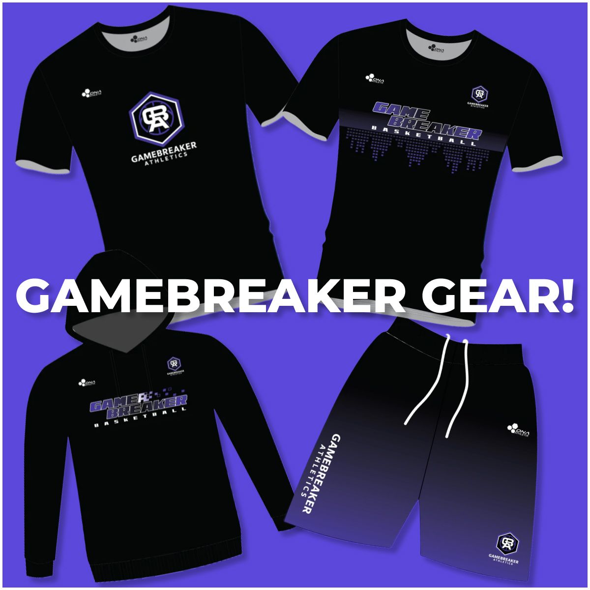 Official Gamebreaker Athletics sports apparel collection featuring branded basketball uniforms, hoodies, and accessories.