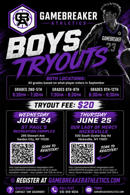 Gamebreaker Athletics Boys Basketball Tryouts Flyer