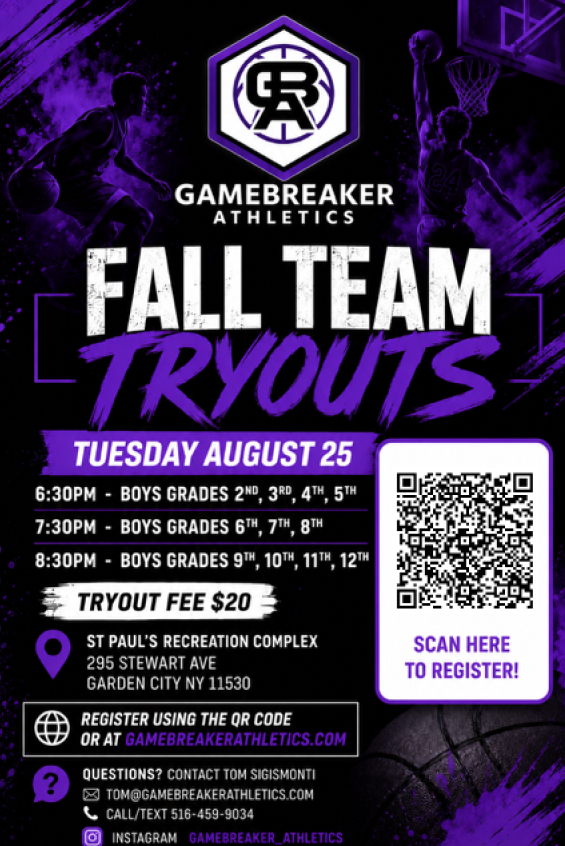 Gamebreaker Athletics Boys Basketball Tryouts Flyer