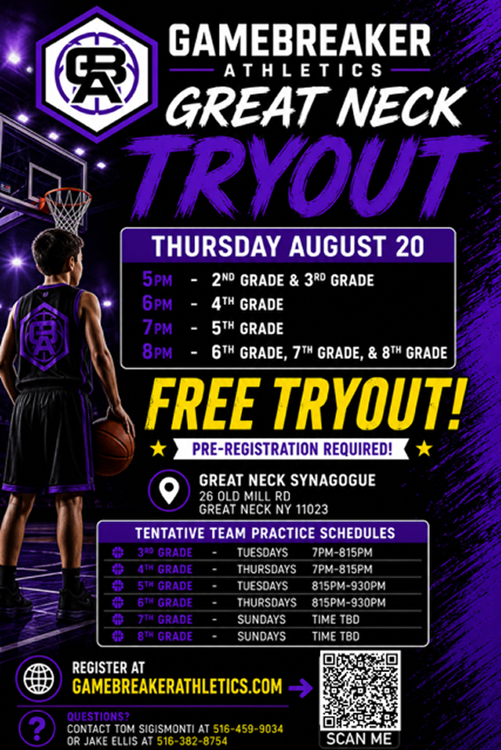 Gamebreaker Athletics Great Neck Tryout Flyer